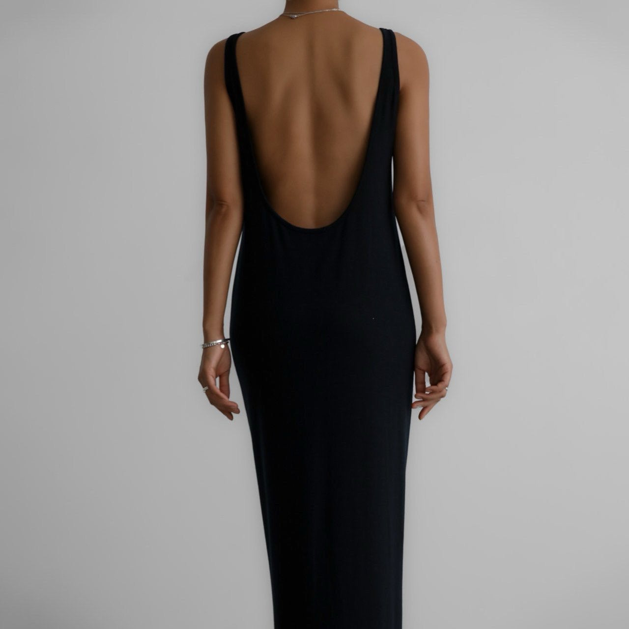 CRIS Black Open Back Maxi Dress - SUENE