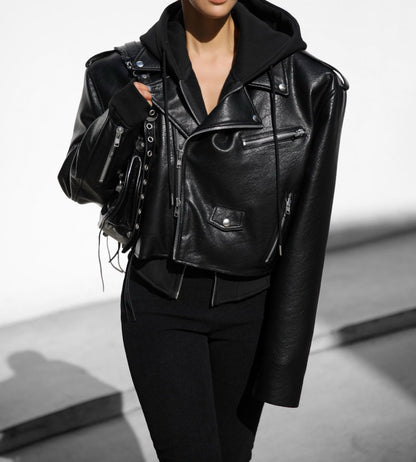 GEORGIA Faux Leather Cropped Biker Jacket - SUENE