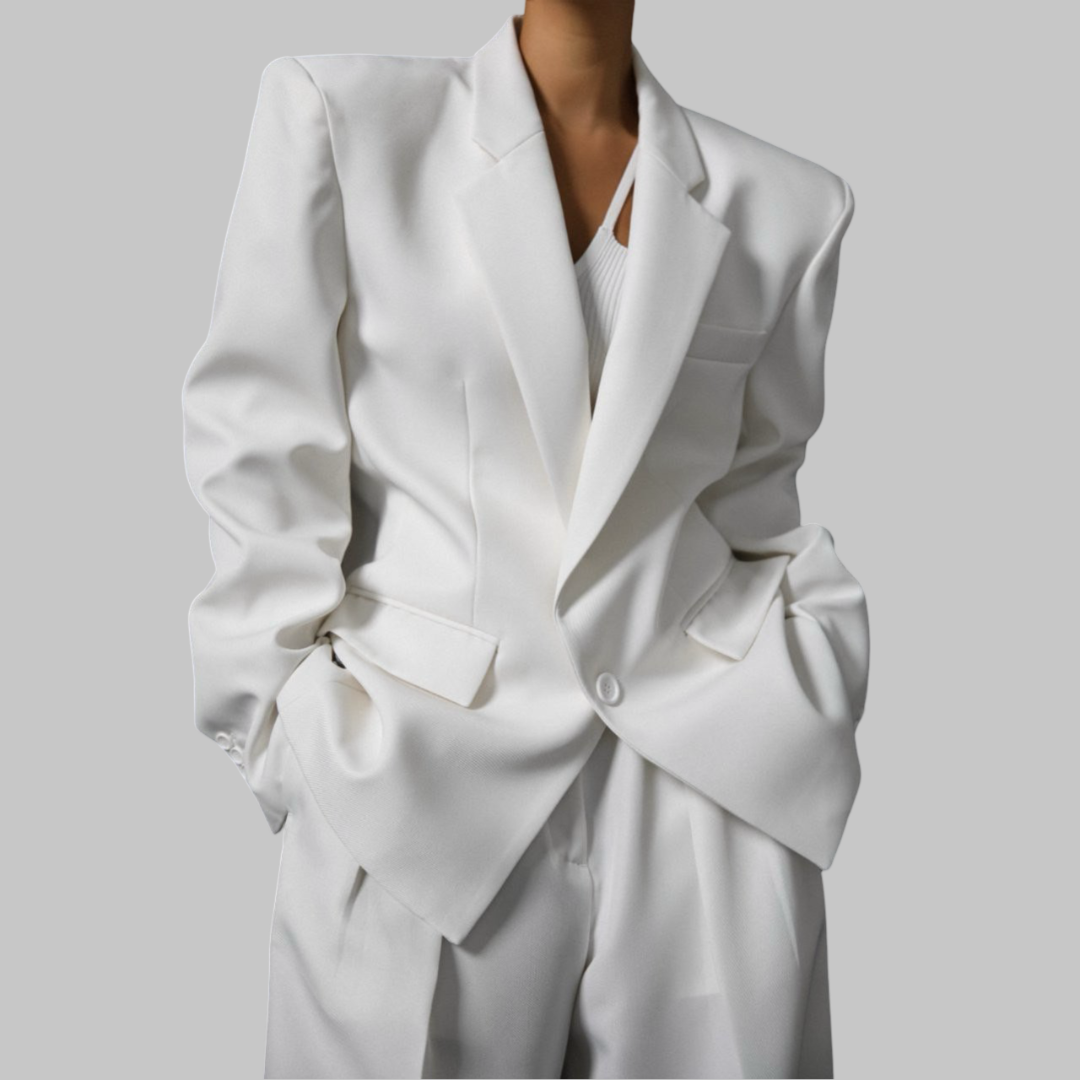 KARINA Square Shoulder Oversized Twill Blazer - White - SUENE