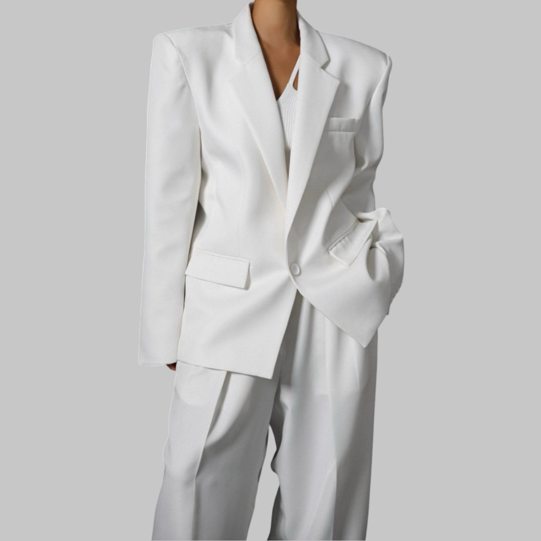 KARINA Square Shoulder Oversized Twill Blazer - White - SUENE